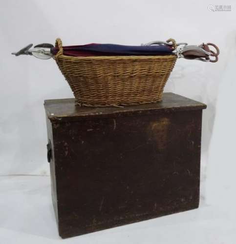 Stained pine box,  a wicker basket,  two shooting sticks and a shooting stick umbrella (5)
