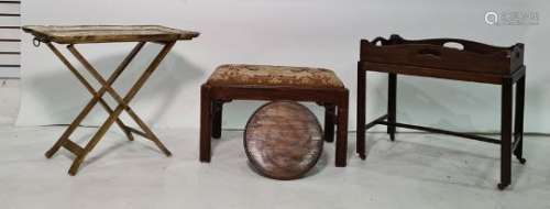 Mahogany butler's tray on stand, a Georgian style stool and a further tray-top occasional table (3)