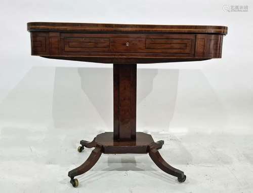 19th century tea table with 'Plum Pudding' mahogany cross-banded top, opening to reveal interior,