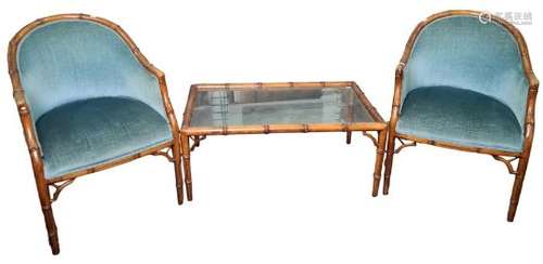 Pair of armchairs with carved wood bamboo-effect frames, blue upholstered seat and back and matching