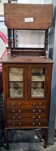 Late 19th century mahogany and strung music cabinet with two glazed doors enclosing shelves above