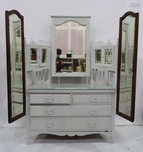 White painted 20th century dressing chest with mirrored superstructure, on chest of two short and