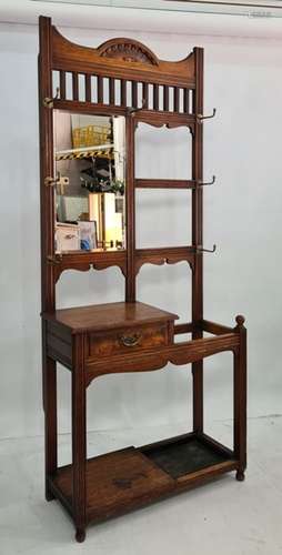 20th century oak mirror-back hallstand with fluted decoration, 95cm x 217cm