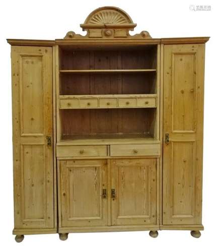 Late 19th/early 20th century continental pine dresser with moulded cornice above open shelves,