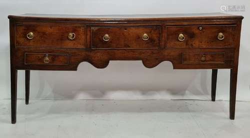 18th century oak low dresser with three short deep drawers and pair shallow drawers, all with