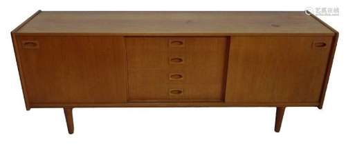 20th century teak sideboard with two sliding doors and four central drawers, raised on turned