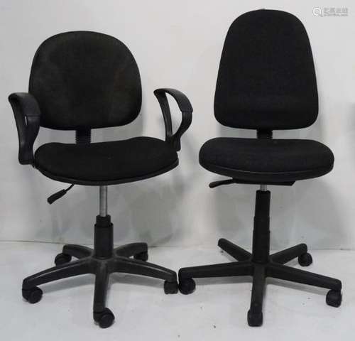 3 black office swivel chairs with folding beech breakfast stool Condition ReportAble to adjust