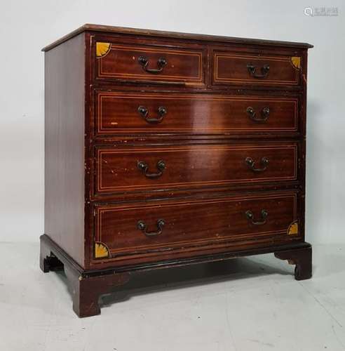 19th century mahogany cross-banded and inlaid chest of two short over three long drawers, bracket