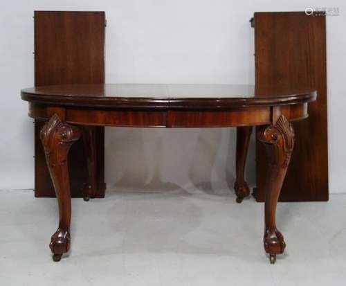 Victorian mahogany D-end extending dining table with moulded edge, moulded cabriole legs terminating