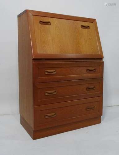 20th century teak bureau with three drawers, 75 x 111cm