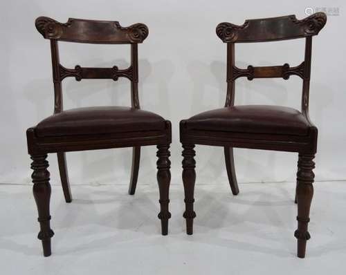 Pair of 19th century mahogany bar-back chairs, the acanthus carved top rail above carved bar, drop-