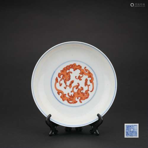 Qing dynasty copper-red-glazed plate with flowers pattern