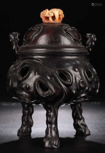 A XIAOYE ZITAN WOOD CARVED CENSER WITH SOAPSTONE