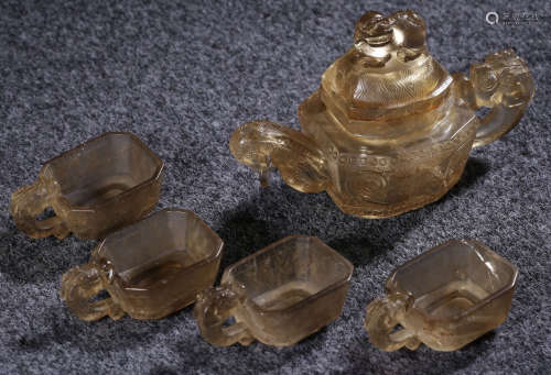 SET OF CRYSTAL CARVED DRAGON PATTERN CUPS&POT