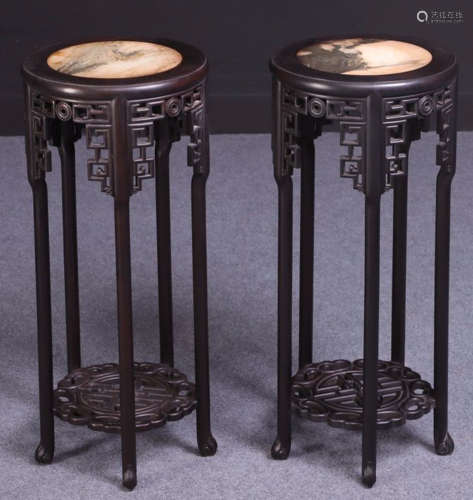 PAIR OF ZITAN WOOD WITH MARBLE STANDS