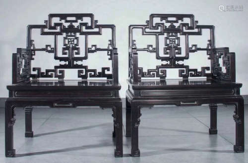 PAIR OF ZITAN WOOD CARVED CHAIRS