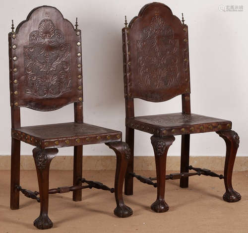 PAIR OF WOOD WITH BULL SKIN FLOWER PATTERN CHAIRS