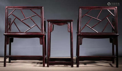 SET OF ZITAN WOOD CARVED CHAIR&STAND