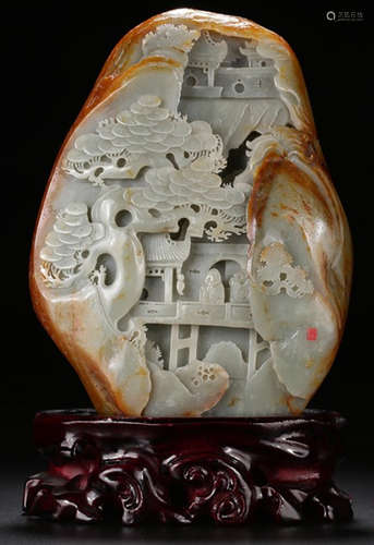 A XINJIANG HETIAN JADE LANDSCAPE PATTERN ORNAMENT