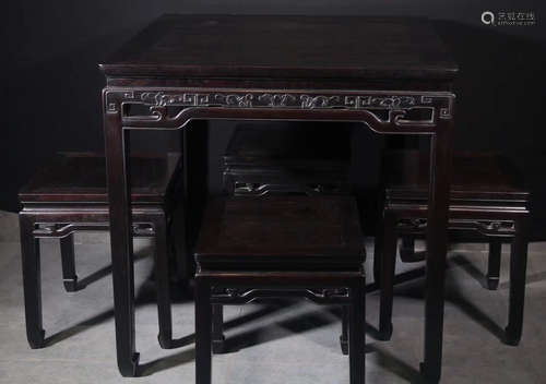 SET OF ZITAN WOOD CARVED DESK&CHAIRS