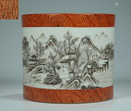 A WOOD&INK GLAZE LANDSCAPE PATTERN BRUSH POT