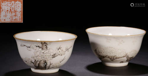 PAIR OF INK GLAZE FLOWER PATTERN CUPS