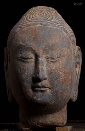 A BLUE STONE CARVED BUDDHA HEAD