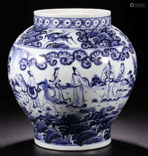 A BLUE&WHITE GLAZE FIGURE STORY PATTERN JAR