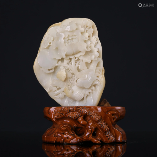 Hetian white jade carved flower and bird orna…