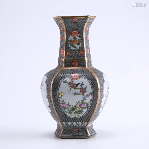 Enamel painted gold hexagonal vase with flowers …