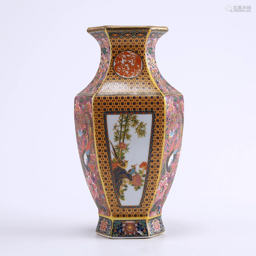 Enamel painted gold flower and bird hexagonal vase