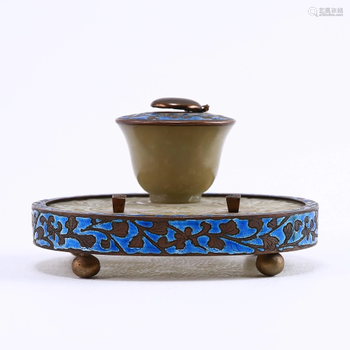 Bronze burnt blue jade water pen holder