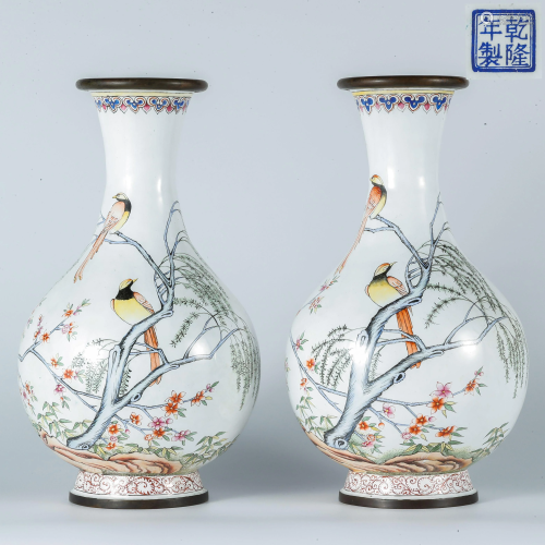 A pair of enamel vases with flowers and birds in Qing