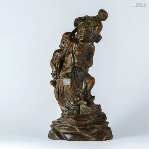 Qing Dynasty Agarwood and Two Immortals Statue