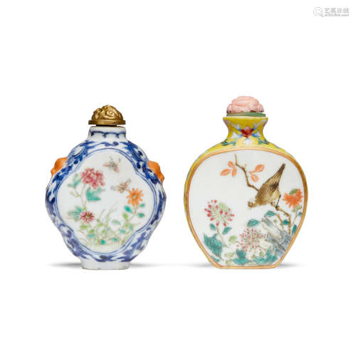 Two enameled porcelain snuff bottles,   Qianlong marks, late Qing/Republic period