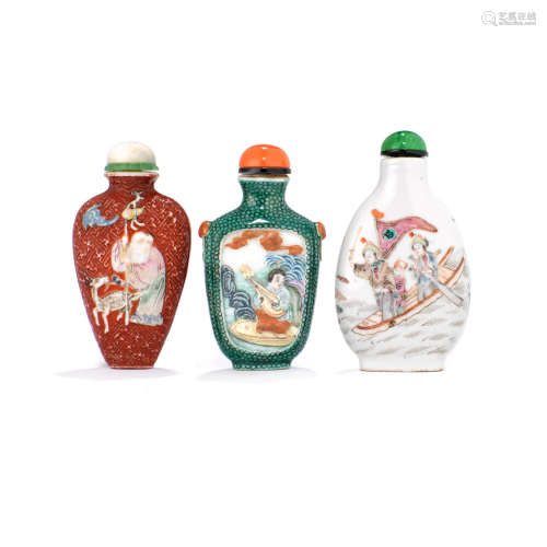 Three enameled porcelain snuff bottles   19th century