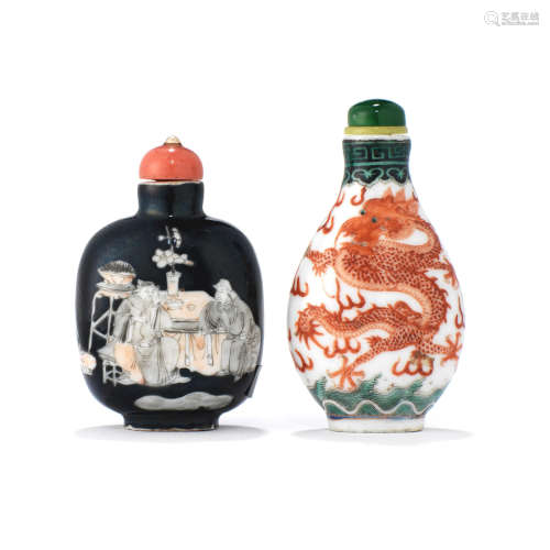 Two enameled Porcelain Snuff Bottles  19th century