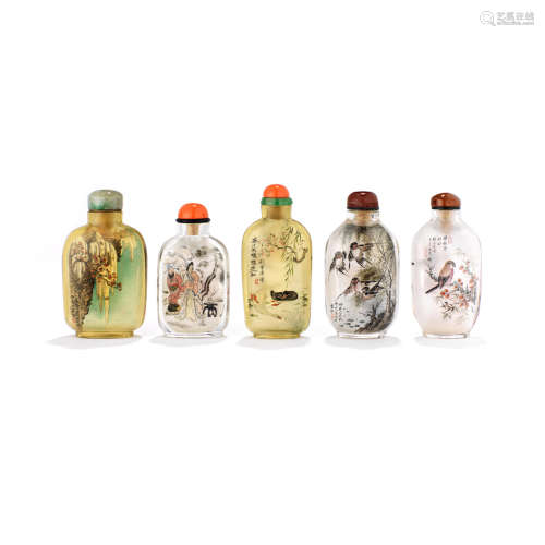 Five inside-painted glass snuff bottles  Modern School: Yong Shoutian, Liu Shouben, Liu Liwang, Liu Shuangqing, and an unidentified artist