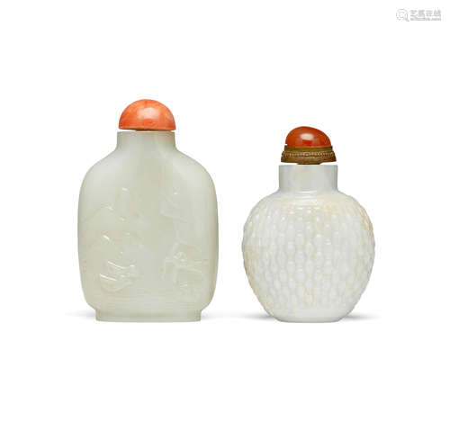 Two white jade snuff bottles  'Basket-weave' bottle: 1880-1950