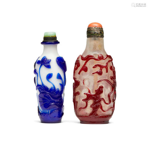 Two overlay decorated glass snuff bottles  1780-1850