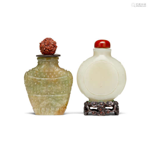 Two carved jade snuff bottles  Circular bottle: 1780-1850