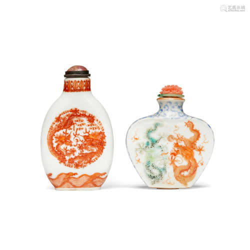 Two Porcelain 'dragon' snuff bottles  Qianlong marks, 1780-1880