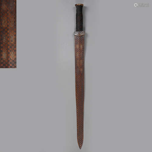 ANCIENT CHINESE BRONZE SWORD WITH GOLD, SILVER AND JADE