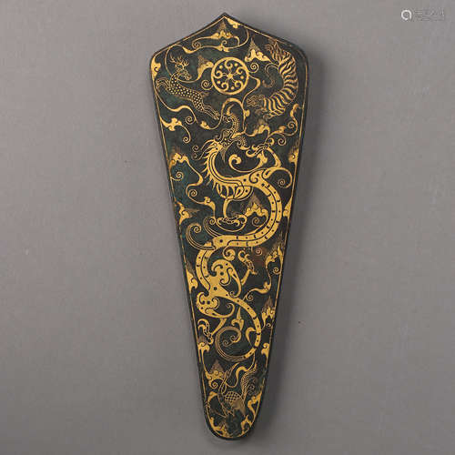 THE WARRING STATES PERIOD OF CHINA, A BRONZE PLAQUE INLAID GOLD