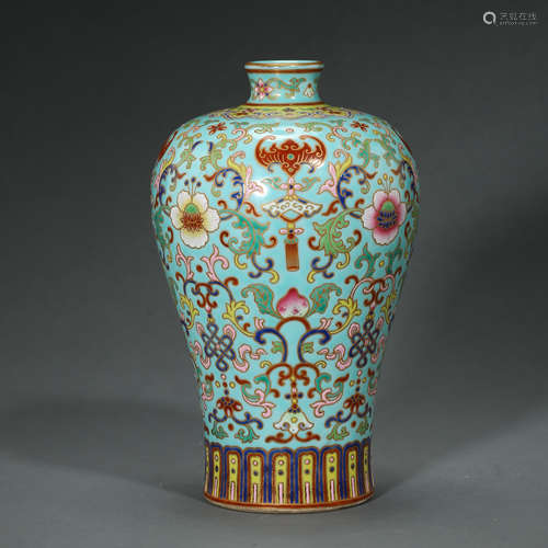 CHINA QING DYNASTY FAMILLE ROSE PULM VASE