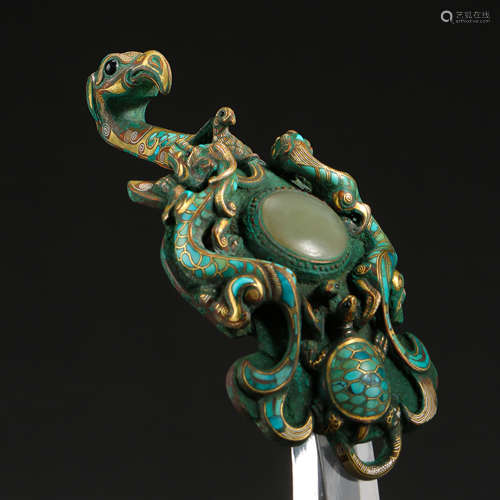 ANCIENT CHINESE BRONZE BELT HOOK INLAID TURQUOISE, JADE, GOLD AND SILVER