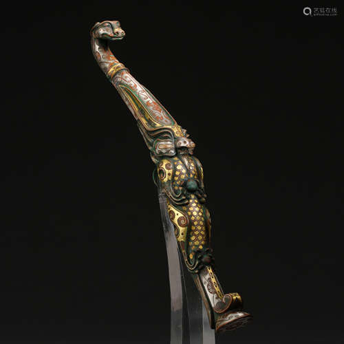 ANCIENT CHINESE BRONZE BELT HOOK INLAID TURQUOISE, GOLD AND SILVER