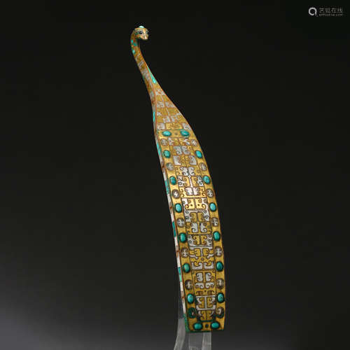 ANCIENT CHINESE BRONZE BELT HOOK INLAID TURQUOISE, GOLD AND SILVER