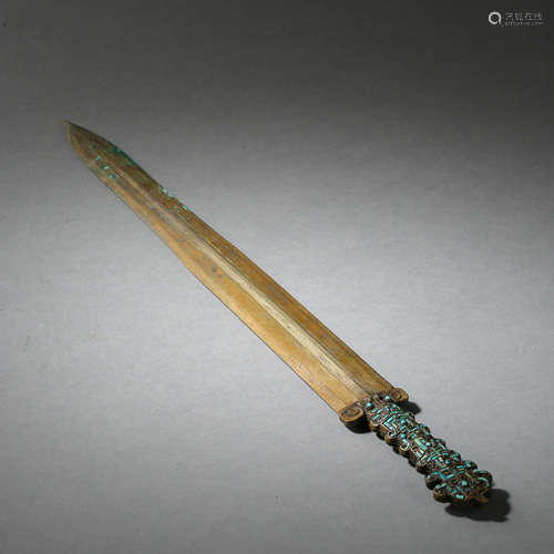 ANCIENT CHINESE BRONZE SWORD INLAID WITH TURQUOISE