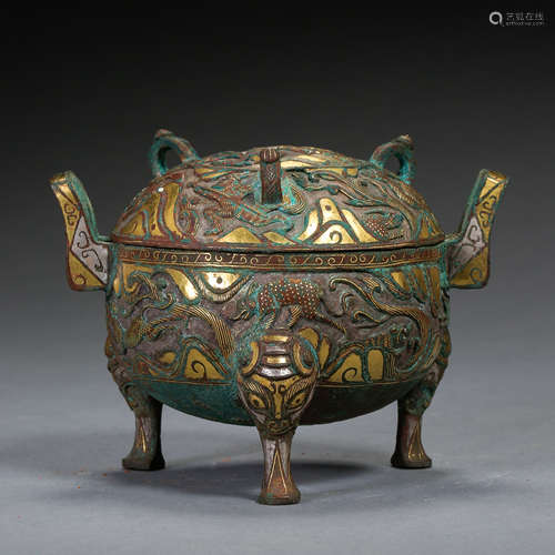 ANCIENT CHINESE BRONZE DING INLAID GOLD AND SILVER